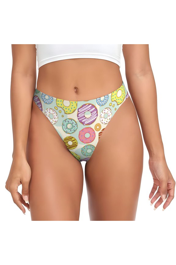 Thongs for Women - Cartoon Donut Print No Show Seamless Womens Thongs Underwear, Breathable G String Thongs for Women, Ladies Stretch Low Rise Thong Bikini Panties Briefs