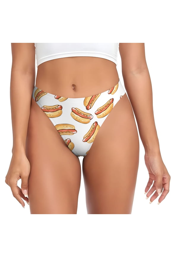 Thongs for Women - Cartoon Hot Dog Print White No Show Seamless Womens Thongs Underwear, Breathable G String Thongs for Women, Ladies Stretch Low Rise Thong Bikini Panties Briefs