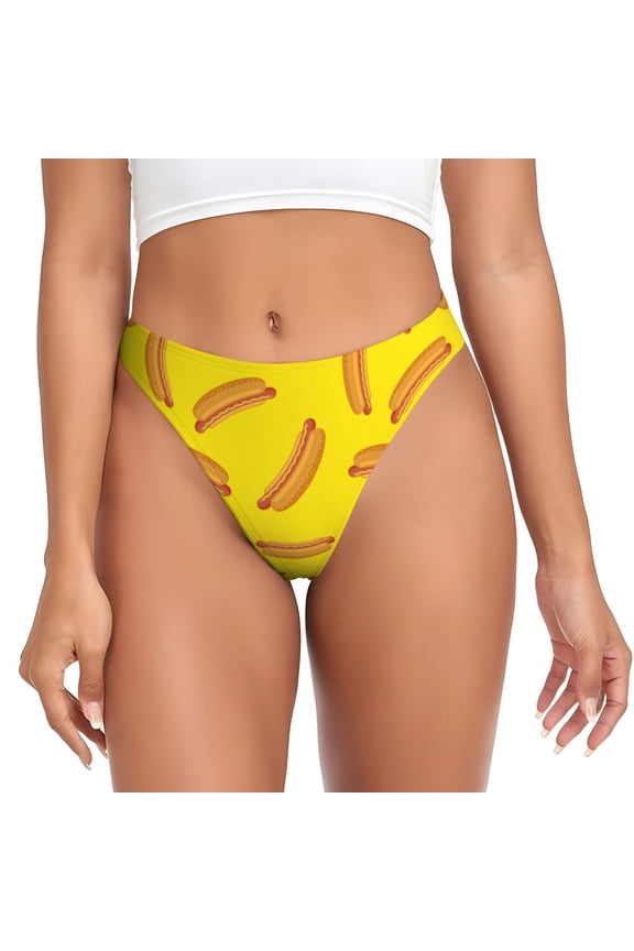 Thongs for Women - Cartoon Hot Dog Print Yellow No Show Seamless Womens Thongs Underwear, Breathable G String Thongs for Women, Ladies Stretch Low Rise Thong Bikini Panties Briefs