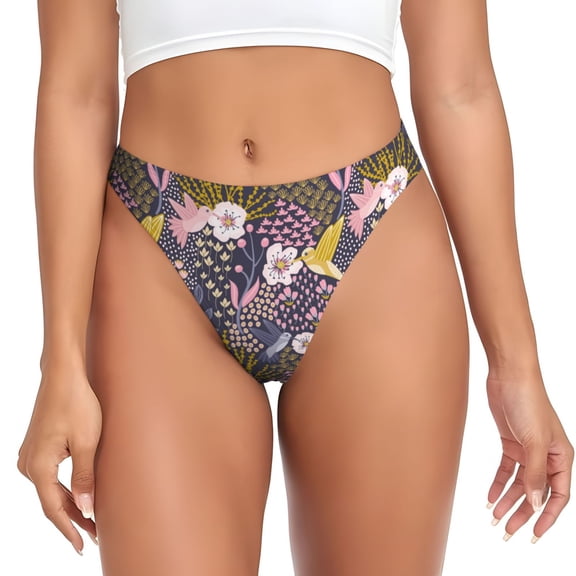 Thongs for Women - Cartoon Hummingbird Flower No Show Seamless Womens Thongs Underwear, Breathable G String Thongs for Women, Ladies Stretch Low Rise Thong Bikini Panties Briefs