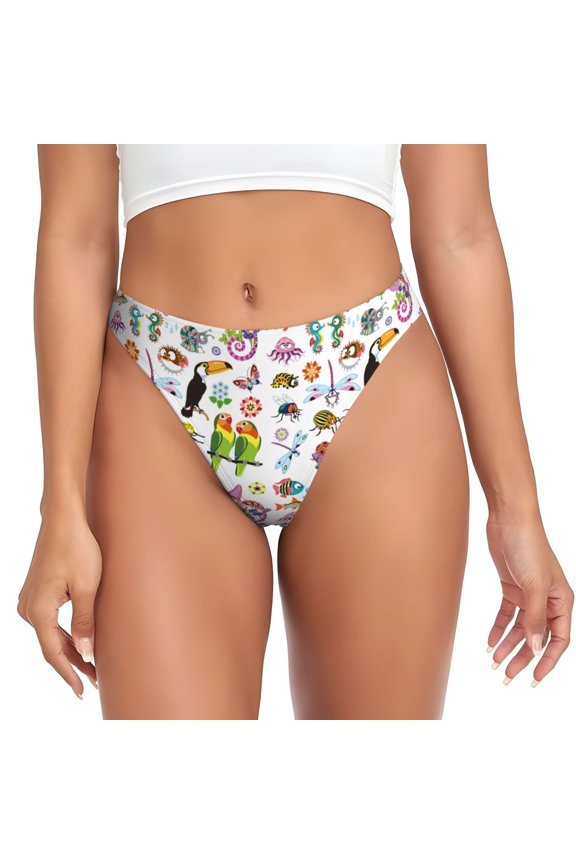Thongs for Women - Cartoon Wild Animals No Show Seamless Womens Thongs Underwear, Breathable G String Thongs for Women, Ladies Stretch Low Rise Thong Bikini Panties Briefs