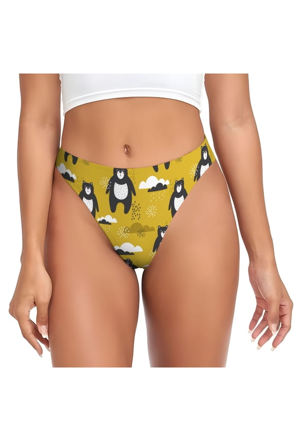 Thongs for Women - Cartoon bear yellow No Show Seamless Womens Thongs Underwear, Breathable G String Thongs for Women, Ladies Stretch Low Rise Thong Bikini Panties Briefs