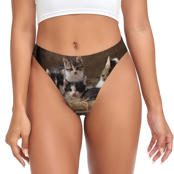 Thongs for Women - Cat Family No Show Seamless Womens Thongs Underwear, Soft Stretch G String Thongs for Women,Cuteness Ladies Thong Bikini Panties Briefs