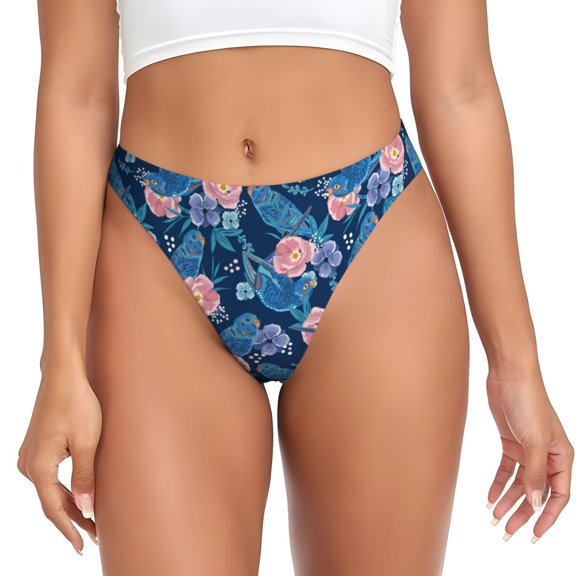 Thongs for Women - Classic Blue Cute Parrot Flower No Show Seamless Womens Thongs Underwear, Breathable G String Thongs for Women, Ladies Stretch Low Rise Thong Bikini Panties Briefs
