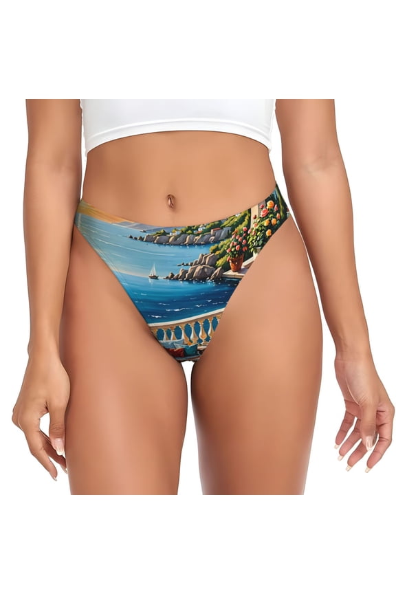 Thongs for Women - Coastal Style Garden Villa No Show Seamless Womens Thongs Underwear, Breathable G String Thongs for Women, Ladies Stretch Low Rise Thong Bikini Panties Briefs