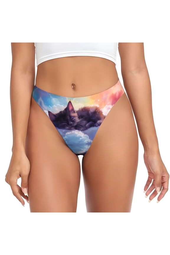 Thongs for Women - Colorful Cloud Sleeping Cat No Show Seamless Womens Thongs Underwear, Breathable G String Thongs for Women, Ladies Stretch Low Rise Thong Bikini Panties Briefs