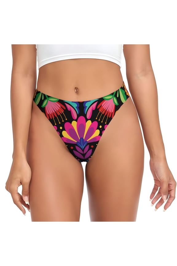 Thongs for Women - Colorful Floral Embroidery Mexican No Show Seamless Womens Thongs Underwear, Breathable G String Thongs for Women, Ladies Stretch Low Rise Thong Bikini Panties Briefs