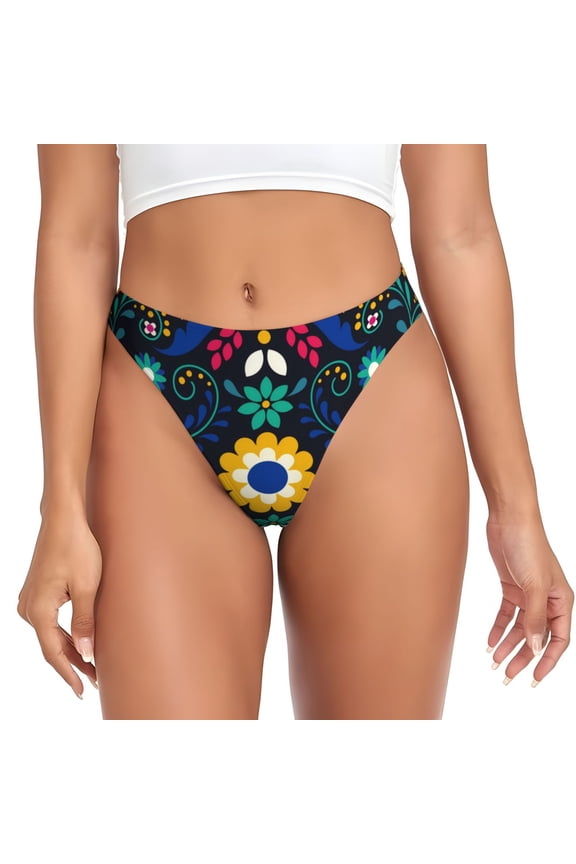 Thongs for Women - Colorful Mexican Flower No Show Seamless Womens Thongs Underwear, Breathable G String Thongs for Women, Ladies Stretch Low Rise Thong Bikini Panties Briefs