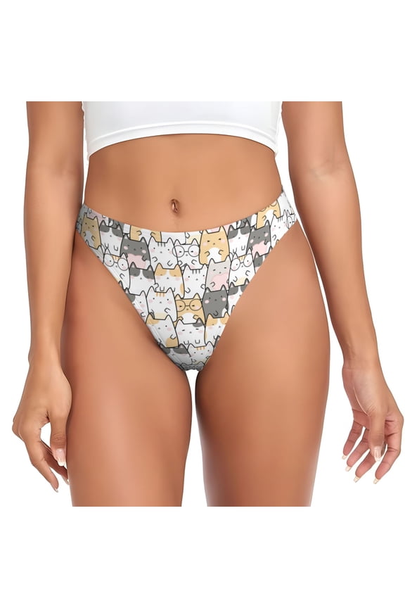 Thongs for Women - Comic Style Color Line Cartoon Cat No Show Seamless Womens Thongs Underwear, Breathable G String Thongs for Women, Ladies Stretch Low Rise Thong Bikini Panties Briefs