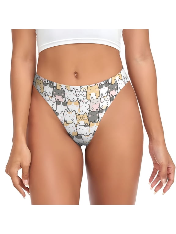 Thongs for Women - Comic Style Color Line Cartoon Cat No Show Seamless Womens Thongs Underwear, Breathable G String Thongs for Women, Ladies Stretch Low Rise Thong Bikini Panties Briefs