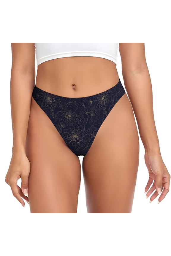 Thongs for Women - Copper-Gold Gloss Outline Chrysanthemum No Show Seamless Womens Thongs Underwear, Breathable G String Thongs for Women, Ladies Stretch Low Rise Thong Bikini Panties Briefs
