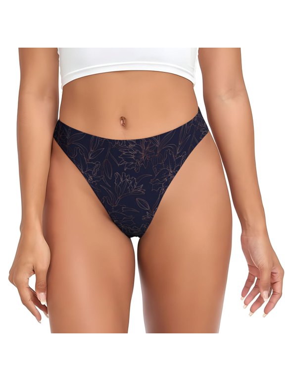 Thongs for Women - Copper-Gold Gloss Outline Flower1 No Show Seamless Womens Thongs Underwear, Breathable G String Thongs for Women, Ladies Stretch Low Rise Thong Bikini Panties Briefs