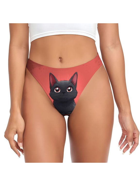 Thongs for Women - Cute Black Kitten Cartoon No Show Seamless Womens Thongs Underwear, Breathable G String Thongs for Women, Ladies Stretch Low Rise Thong Bikini Panties Briefs