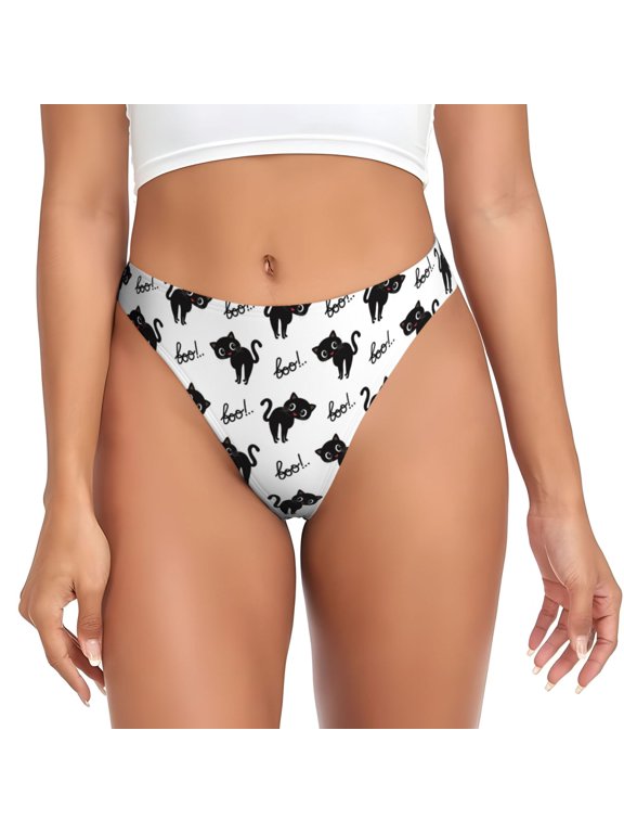 Thongs for Women - Cute Cartoon Cat Black No Show Seamless Womens Thongs Underwear, Breathable G String Thongs for Women, Ladies Stretch Low Rise Thong Bikini Panties Briefs