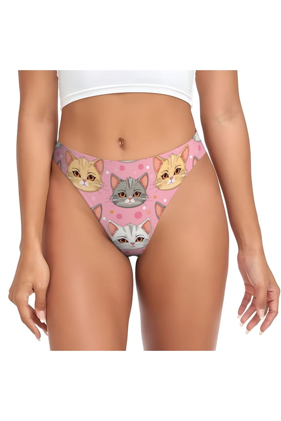 Thongs for Women - Cute Cartoon Cat Face Pink No Show Seamless Womens Thongs Underwear, Breathable G String Thongs for Women, Ladies Stretch Low Rise Thong Bikini Panties Briefs