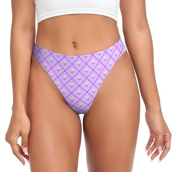 Thongs for Women - Cute Frangipani Lilac Checkered No Show Seamless Womens Thongs Underwear, Breathable G String Thongs for Women, Ladies Stretch Low Rise Thong Bikini Panties Briefs