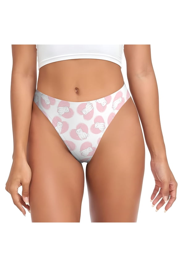 Thongs for Women - Cute Pink Loving Cartoon Cat No Show Seamless Womens Thongs Underwear, Breathable G String Thongs for Women, Ladies Stretch Low Rise Thong Bikini Panties Briefs