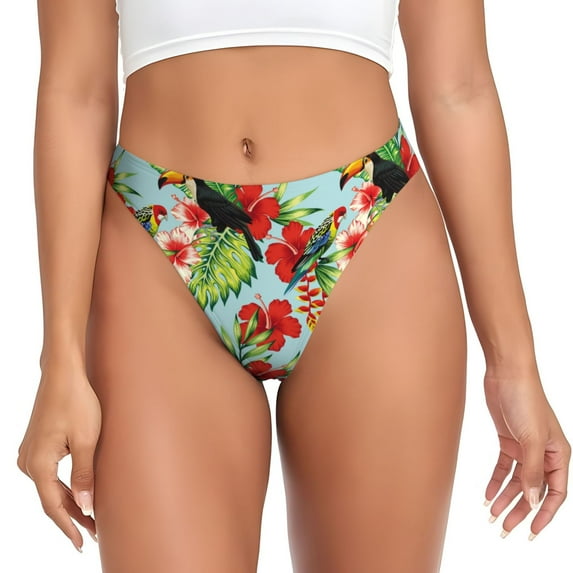 Thongs for Women - Cute Toucan Parrot Flowers Leaves No Show Seamless Womens Thongs Underwear, Soft Stretch G String Thongs for Women,Cuteness Ladies Thong Bikini Panties Briefs