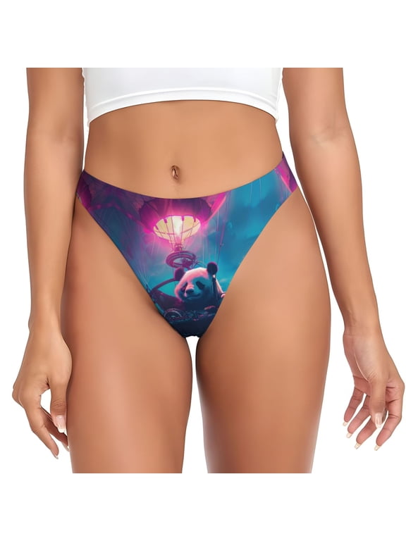 Thongs for Women - DJ Panda Hot Air Balloon No Show Seamless Womens Thongs Underwear, Breathable G String Thongs for Women, Ladies Stretch Low Rise Thong Bikini Panties Briefs