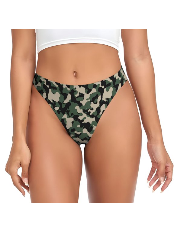 Thongs for Women - Dark Green Camo No Show Seamless Womens Thongs Underwear, Breathable G String Thongs for Women, Ladies Stretch Low Rise Thong Bikini Panties Briefs