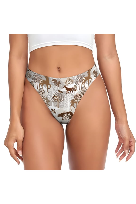 Thongs for Women - Deer Bear Fox Owl Rabbit Bird Tree No Show Seamless Womens Thongs Underwear, Breathable G String Thongs for Women, Ladies Stretch Low Rise Thong Bikini Panties Briefs