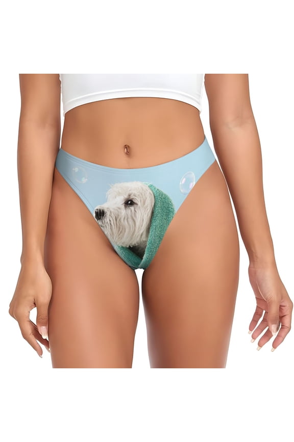 Thongs for Women - Dog Wrapped in Towel No Show Seamless Womens Thongs Underwear, Breathable G String Thongs for Women, Ladies Stretch Low Rise Thong Bikini Panties Briefs