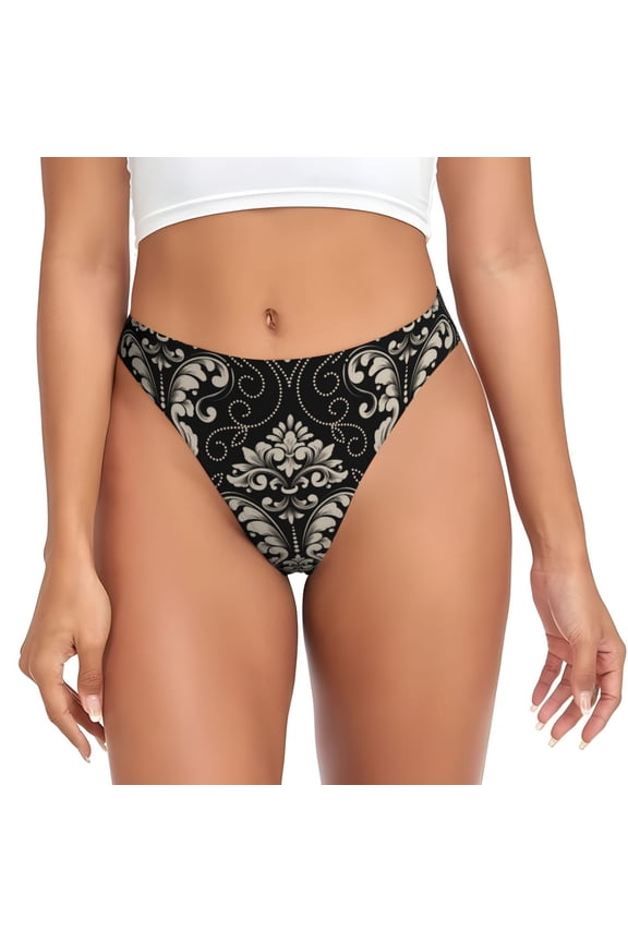 Thongs for Women - Elegant Black Floral Damask No Show Seamless Womens Thongs Underwear, Breathable G String Thongs for Women, Ladies Stretch Low Rise Thong Bikini Panties Briefs