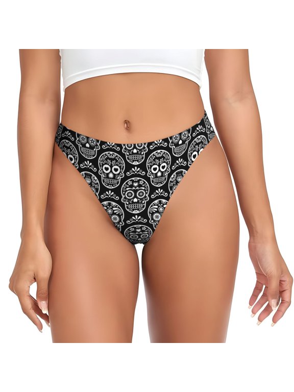 Thongs for Women - Exotic Black White Line Skull No Show Seamless Womens Thongs Underwear, Breathable G String Thongs for Women, Ladies Stretch Low Rise Thong Bikini Panties Briefs