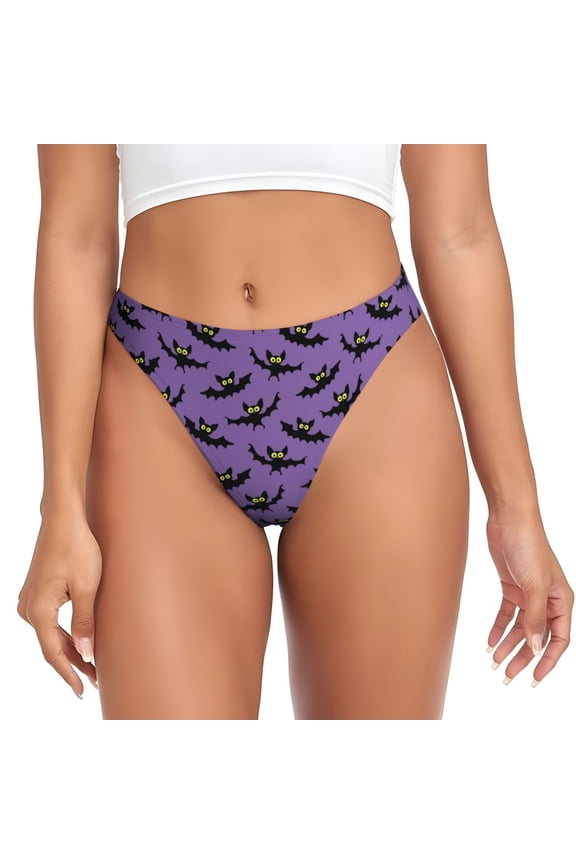 Thongs for Women - Flying bats gothic style purple No Show Seamless Womens Thongs Underwear, Breathable G String Thongs for Women, Ladies Stretch Low Rise Thong Bikini Panties Briefs