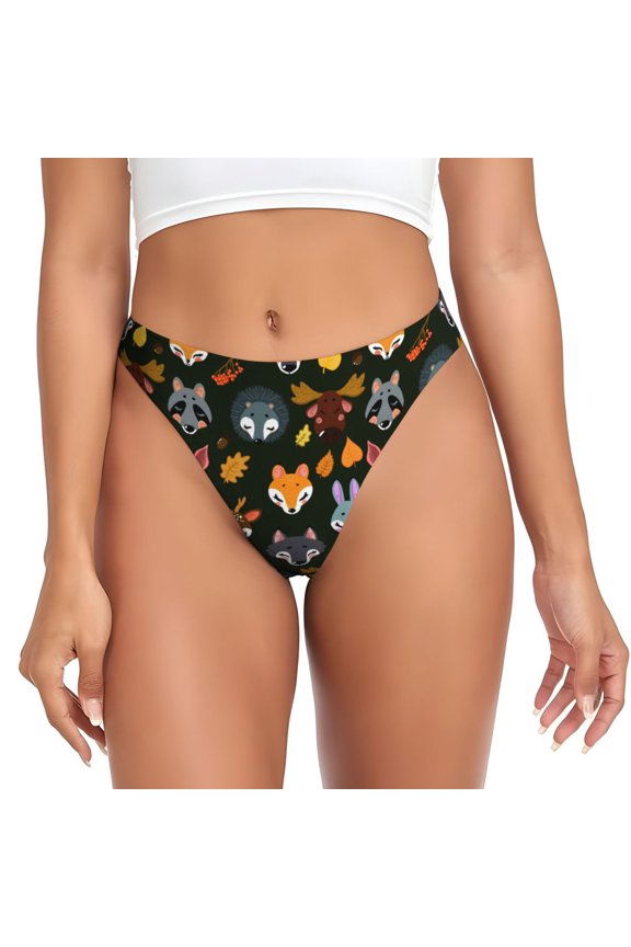 Thongs for Women - Forest Animal Faces No Show Seamless Womens Thongs Underwear, Breathable G String Thongs for Women, Ladies Stretch Low Rise Thong Bikini Panties Briefs