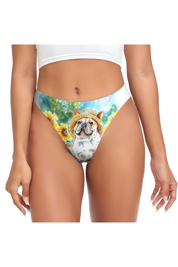 Thongs for Women - French Bulldog Sunflowers Bubbles No Show Seamless Womens Thongs Underwear, Breathable G String Thongs for Women, Ladies Stretch Low Rise Thong Bikini Panties Briefs