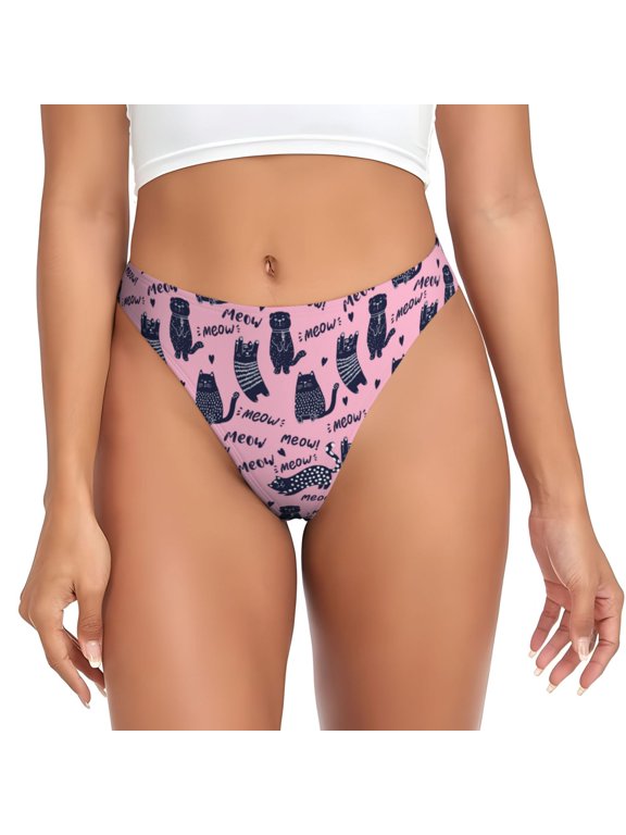Thongs for Women - Funny Black Cartoon Cat No Show Seamless Womens Thongs Underwear, Breathable G String Thongs for Women, Ladies Stretch Low Rise Thong Bikini Panties Briefs