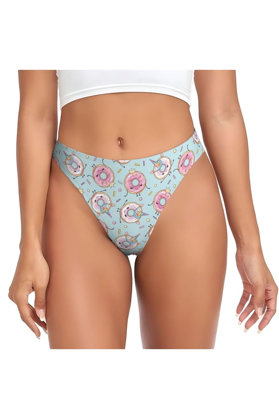Thongs for Women - Funny Cartoon Donut Print No Show Seamless Womens Thongs Underwear, Breathable G String Thongs for Women, Ladies Stretch Low Rise Thong Bikini Panties Briefs