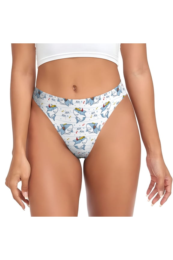 Thongs for Women - Funny Cartoon Shark Happy No Show Seamless Womens Thongs Underwear, Breathable G String Thongs for Women, Ladies Stretch Low Rise Thong Bikini Panties Briefs