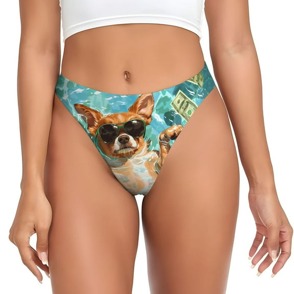 Thongs for Women - Funny Swimming Chihuahua No Show Seamless Womens Thongs Underwear, Breathable G String Thongs for Women, Ladies Stretch Low Rise Thong Bikini Panties Briefs