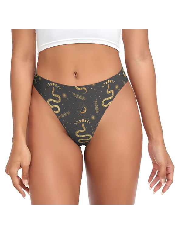 Thongs for Women - Gothic Funny Golden Snake Moon No Show Seamless Womens Thongs Underwear, Breathable G String Thongs for Women, Ladies Stretch Low Rise Thong Bikini Panties Briefs