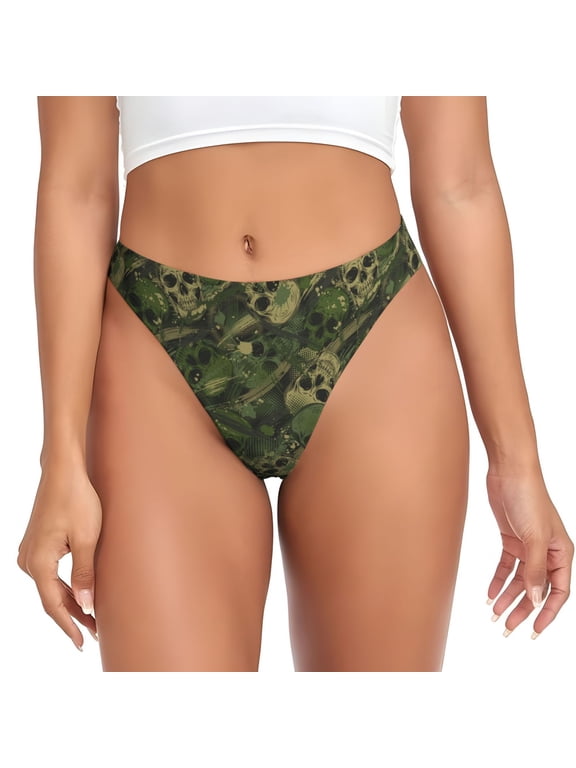 Thongs for Women - Green Camouflage Skull No Show Seamless Womens Thongs Underwear, Breathable G String Thongs for Women, Ladies Stretch Low Rise Thong Bikini Panties Briefs