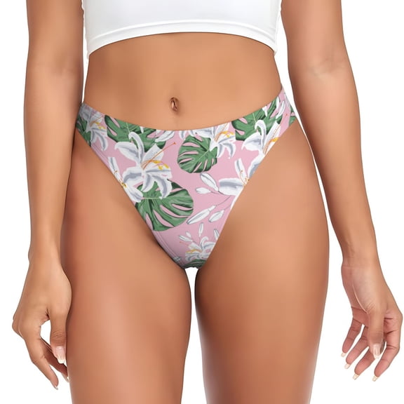 Thongs for Women - Green Leaves Lilies Flowers No Show Seamless Womens Thongs Underwear, Breathable G String Thongs for Women, Ladies Stretch Low Rise Thong Bikini Panties Briefs