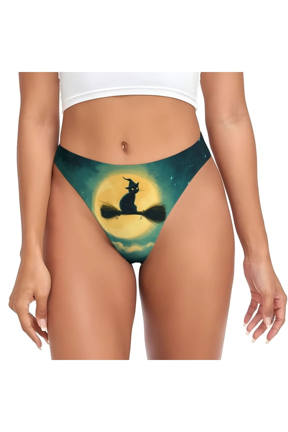 Thongs for Women - Halloween Black Cat Witch No Show Seamless Womens Thongs Underwear, Breathable G String Thongs for Women, Ladies Stretch Low Rise Thong Bikini Panties Briefs
