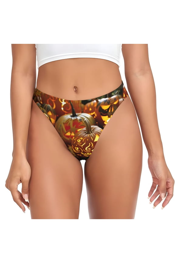 Thongs for Women - Halloween Carved Pumpkin Art No Show Seamless Womens Thongs Underwear, Breathable G String Thongs for Women, Ladies Stretch Low Rise Thong Bikini Panties Briefs