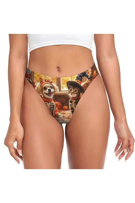 Thongs for Women - Halloween Cute Cat and Dog No Show Seamless Womens Thongs Underwear, Breathable G String Thongs for Women, Ladies Stretch Low Rise Thong Bikini Panties Briefs