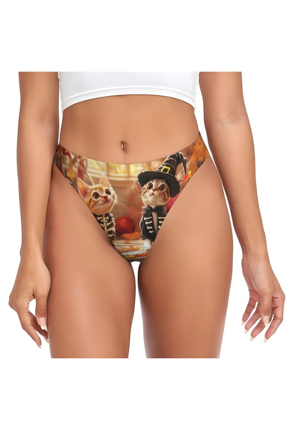 Thongs for Women - Halloween Cute Cat and Dog k No Show Seamless Womens Thongs Underwear, Breathable G String Thongs for Women, Ladies Stretch Low Rise Thong Bikini Panties Briefs