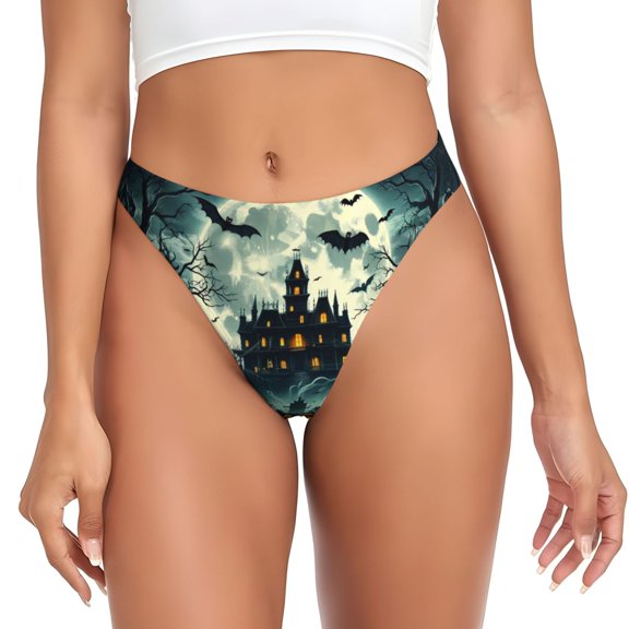 Thongs for Women - Halloween Happy Bat Castle No Show Seamless Womens Thongs Underwear, Breathable G String Thongs for Women, Ladies Stretch Low Rise Thong Bikini Panties Briefs