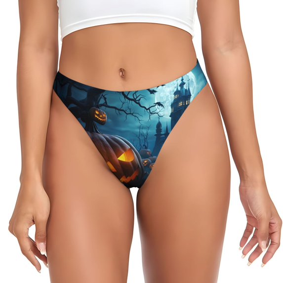Thongs for Women - Halloween Haunted House No Show Seamless Womens Thongs Underwear, Soft Stretch G String Thongs for Women,Cuteness Ladies Thong Bikini Panties Briefs