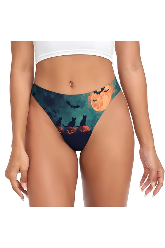 Thongs for Women - Halloween Night Sky Black Cat Bat No Show Seamless Womens Thongs Underwear, Breathable G String Thongs for Women, Ladies Stretch Low Rise Thong Bikini Panties Briefs