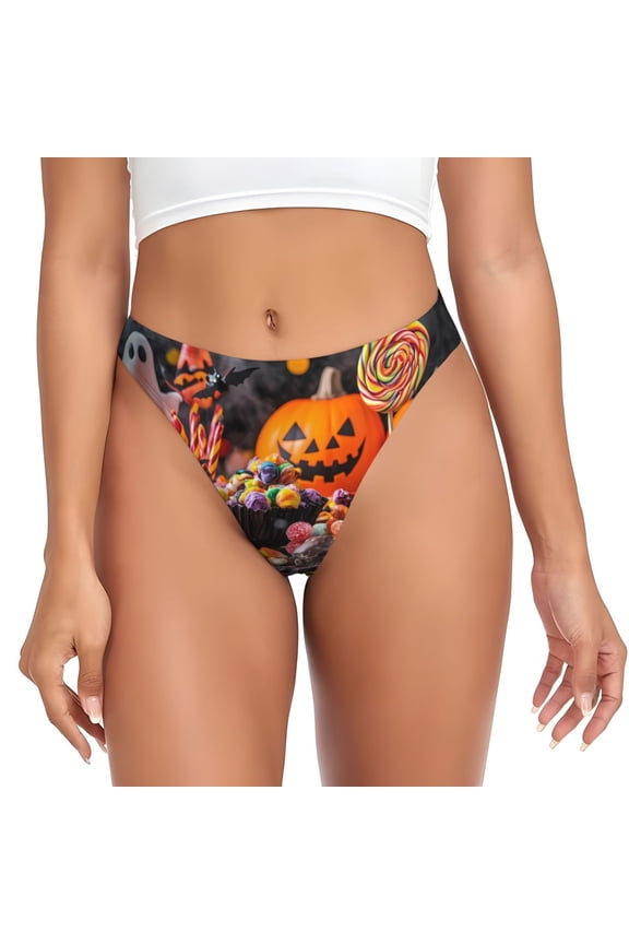 Thongs for Women - Halloween Pumpkin Candy No Show Seamless Womens Thongs Underwear, Breathable G String Thongs for Women, Ladies Stretch Low Rise Thong Bikini Panties Briefs