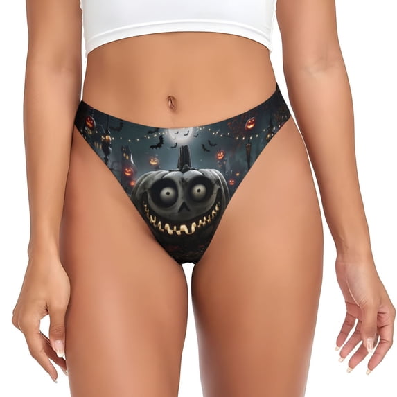Thongs for Women - Halloween Smiling Pumpkin No Show Seamless Womens Thongs Underwear, Soft Stretch G String Thongs for Women,Cuteness Ladies Thong Bikini Panties Briefs