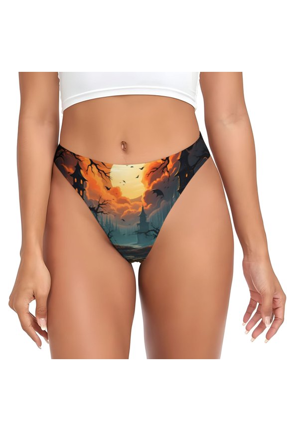 Thongs for Women - Halloween Sunset Pumpkin No Show Seamless Womens Thongs Underwear, Breathable G String Thongs for Women, Ladies Stretch Low Rise Thong Bikini Panties Briefs