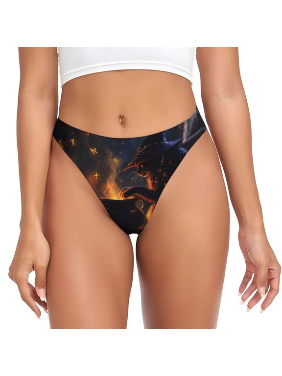Thongs for Women - Halloween Vintage Black Cat Witch No Show Seamless Womens Thongs Underwear, Breathable G String Thongs for Women, Ladies Stretch Low Rise Thong Bikini Panties Briefs