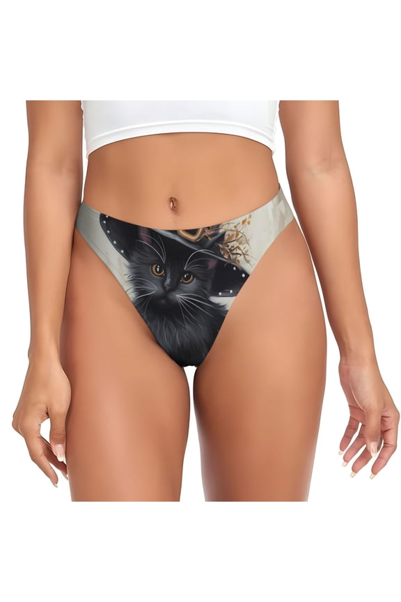Thongs for Women - Halloween Witch Hat Black Cat No Show Seamless Womens Thongs Underwear, Breathable G String Thongs for Women, Ladies Stretch Low Rise Thong Bikini Panties Briefs